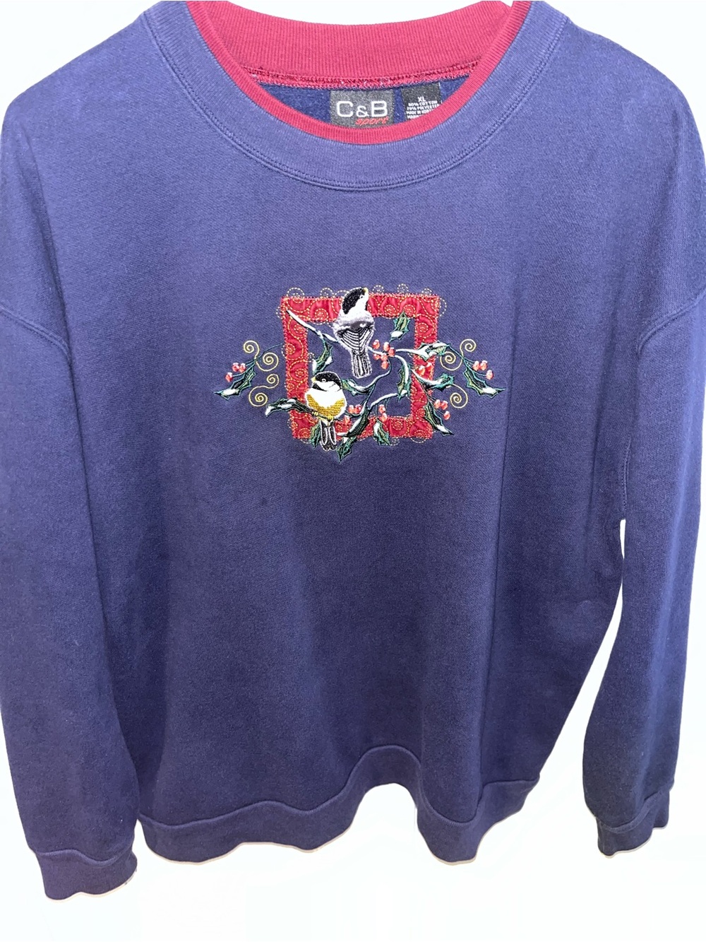 Vintage 90s Navy Blue Crewneck Sweatshirt with Embroidered Bird Motif | Size XL